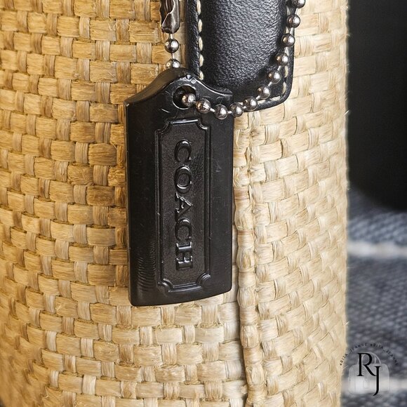 Coach Vintage Straw Tote – Black Leather Trim with Turnlock - Picture 2 of 16